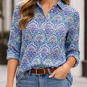 Chicos 1 Size M  No Iron 100% Linen Shirt  Scallop Printed Button Up Blue Purple